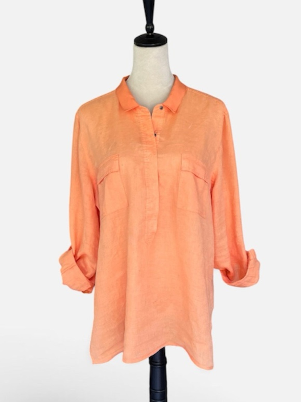 Chico’s Linen Snap Neck Popover Tunic w/ Roll-tab Sleeves in Peach Sz 3 (XL-16)